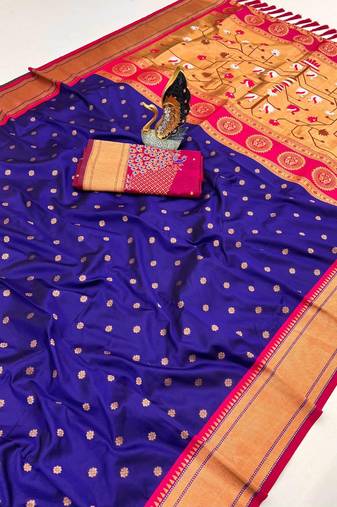 blue banarasi silk blend saree with paithani weaved pallu and blouse