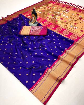 blue banarasi silk blend saree with paithani weaved pallu and blouse 2