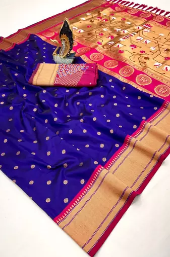 blue banarasi silk blend saree with paithani weaved pallu and blouse