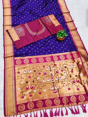 blue banarasi silk blend saree with paithani weaved pallu and blouse 3