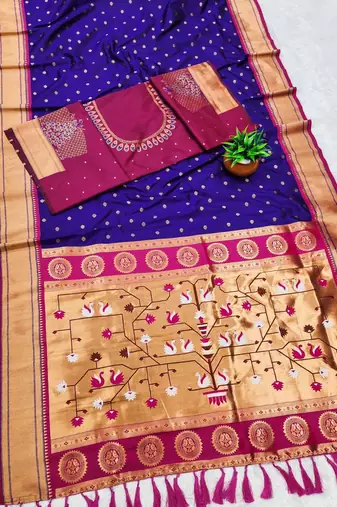 blue banarasi silk blend saree with paithani weaved pallu and blouse