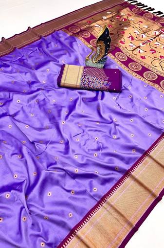 purple green banarasi silk blend saree with paithani weaved pallu and blouse