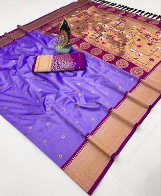 purple green banarasi silk blend saree with paithani weaved pallu and blouse 2