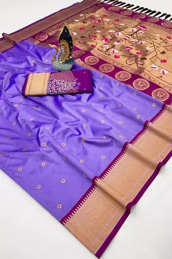 purple green banarasi silk blend saree with paithani weaved pallu and blouse