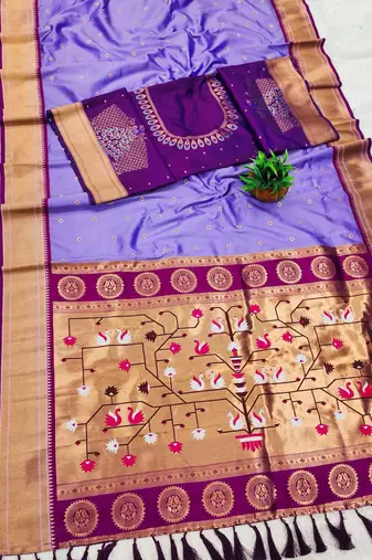 purple green banarasi silk blend saree with paithani weaved pallu and blouse