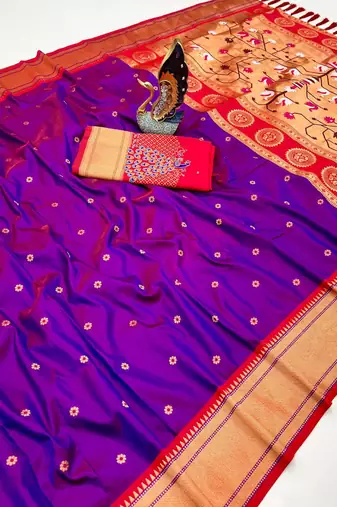wine banarasi silk blend saree with paithani weaved pallu and blouse