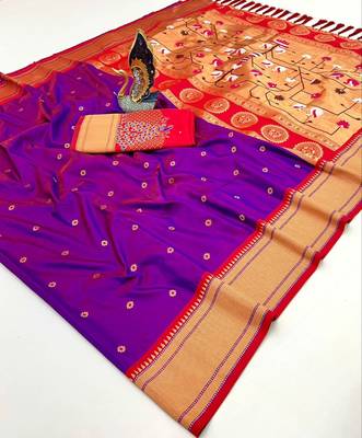 wine banarasi silk blend saree with paithani weaved pallu and blouse 2