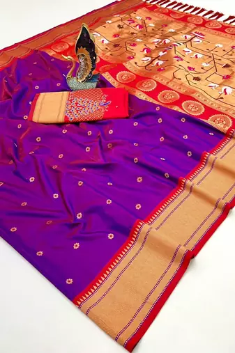 wine banarasi silk blend saree with paithani weaved pallu and blouse