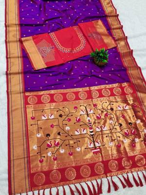 wine banarasi silk blend saree with paithani weaved pallu and blouse 3