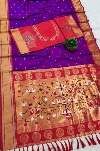 wine banarasi silk blend saree with paithani weaved pallu and blouse