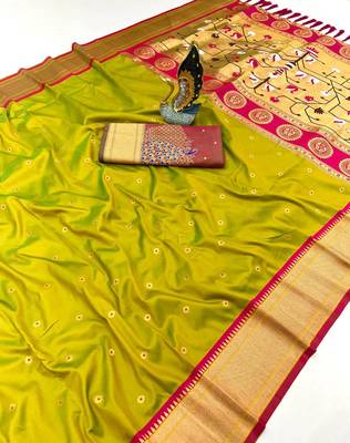 lemon yellow banarasi silk blend saree with paithani weaved pallu and blouse 1
