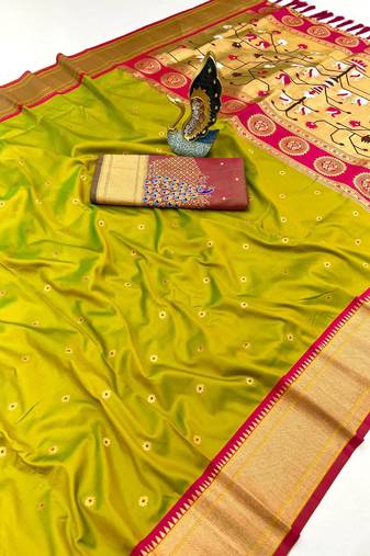 lemon yellow banarasi silk blend saree with paithani weaved pallu and blouse