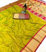 lemon yellow banarasi silk blend saree with paithani weaved pallu and blouse