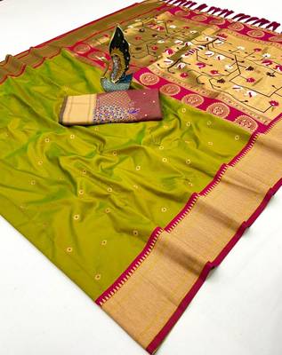 lemon yellow banarasi silk blend saree with paithani weaved pallu and blouse 2