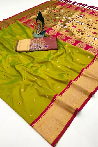lemon yellow banarasi silk blend saree with paithani weaved pallu and blouse