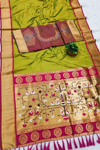 lemon yellow banarasi silk blend saree with paithani weaved pallu and blouse