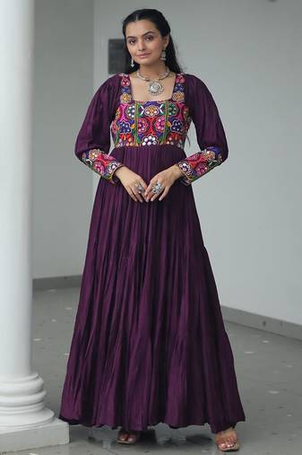 Wine rayon kutchi gamthi work navratri gown