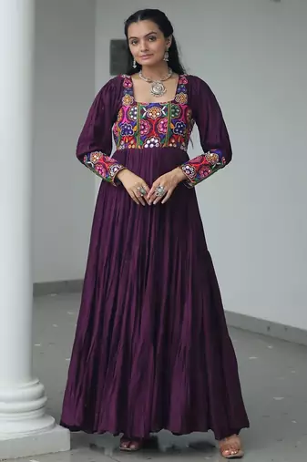 Wine rayon kutchi gamthi work navratri gown