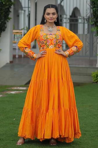 Yellow rayon kutchi gamthi work navratri gown