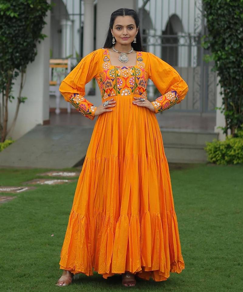 Yellow rayon kutchi gamthi work navratri gown