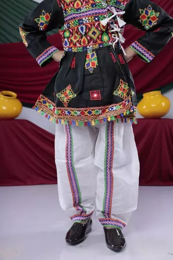 Cotton blend woven full sleeves navratri theme banjara embroidered kediya with coordinating dhoti set - black