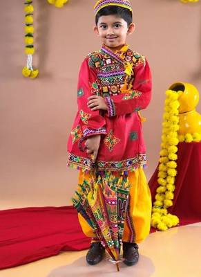 Cotton blend woven full sleeves navratri theme banjara embroidered kediya with coordinating dhoti set - red 1