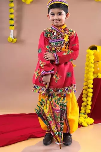 Cotton blend woven full sleeves navratri theme banjara embroidered kediya with coordinating dhoti set - red