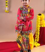 Cotton blend woven full sleeves navratri theme banjara embroidered kediya with coordinating dhoti set - red