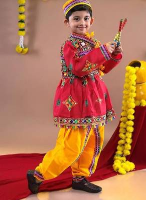Cotton blend woven full sleeves navratri theme banjara embroidered kediya with coordinating dhoti set - red 2