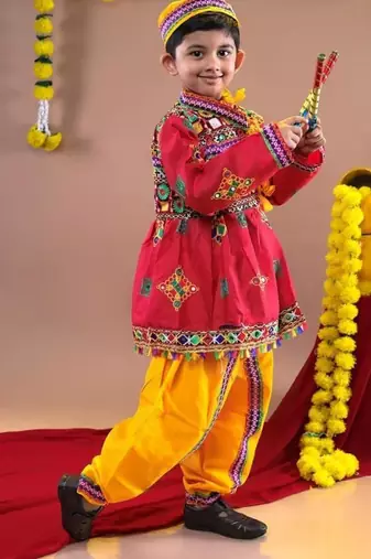 Cotton blend woven full sleeves navratri theme banjara embroidered kediya with coordinating dhoti set - red