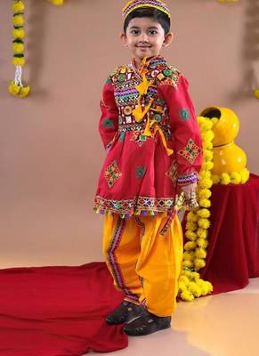 Cotton blend woven full sleeves navratri theme banjara embroidered kediya with coordinating dhoti set - red 3
