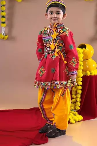 Cotton blend woven full sleeves navratri theme banjara embroidered kediya with coordinating dhoti set - red