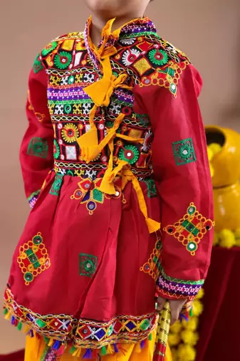 Cotton blend woven full sleeves navratri theme banjara embroidered kediya with coordinating dhoti set - red