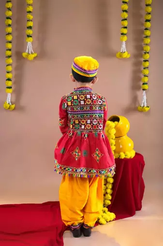 Cotton blend woven full sleeves navratri theme banjara embroidered kediya with coordinating dhoti set - red