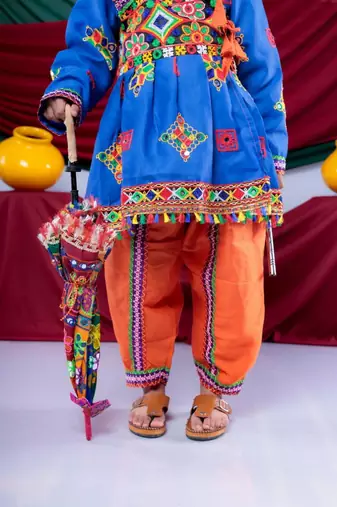 Cotton blend woven full sleeves navratri theme banjara embroidered kediya with coordinating dhoti set - blue