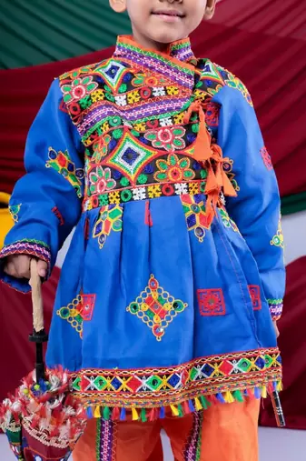 Cotton blend woven full sleeves navratri theme banjara embroidered kediya with coordinating dhoti set - blue