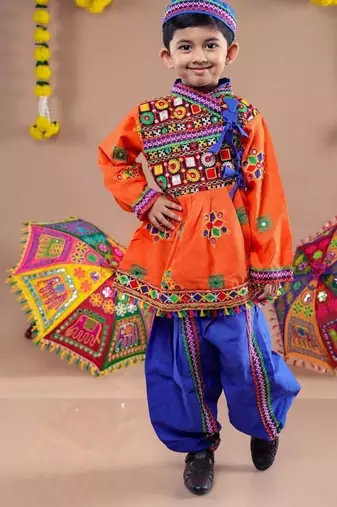 Cotton blend woven full sleeves navratri theme banjara embroidered kediya with coordinating dhoti set - orange