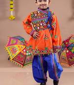 Cotton blend woven full sleeves navratri theme banjara embroidered kediya with coordinating dhoti set - orange