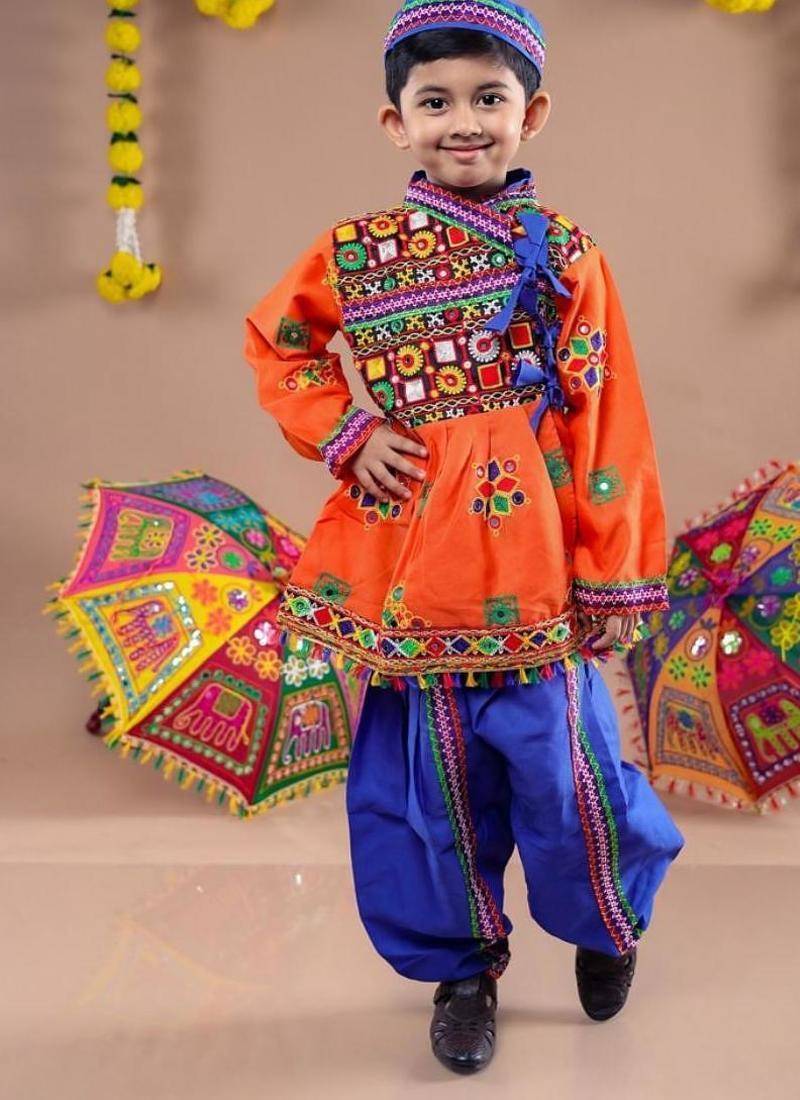 Cotton blend woven full sleeves navratri theme banjara embroidered kediya with coordinating dhoti set - orange