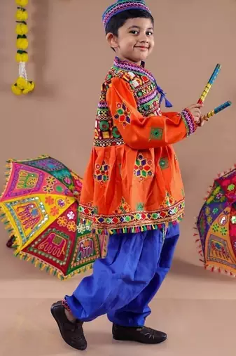 Cotton blend woven full sleeves navratri theme banjara embroidered kediya with coordinating dhoti set - orange