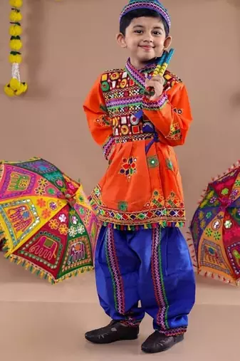 Cotton blend woven full sleeves navratri theme banjara embroidered kediya with coordinating dhoti set - orange