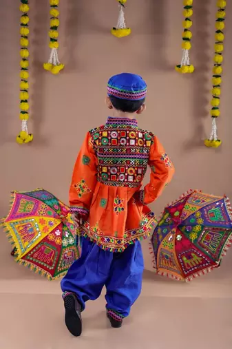 Cotton blend woven full sleeves navratri theme banjara embroidered kediya with coordinating dhoti set - orange