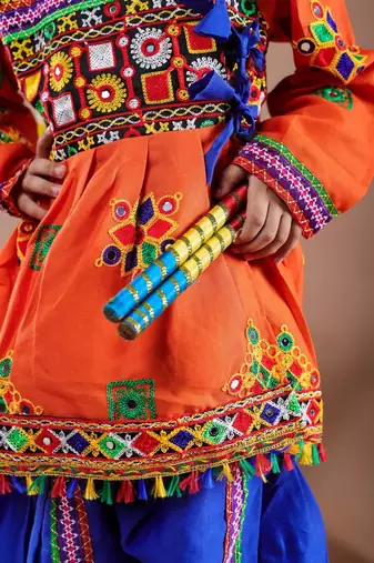 Cotton blend woven full sleeves navratri theme banjara embroidered kediya with coordinating dhoti set - orange