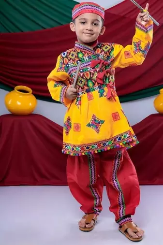 Cotton blend woven full sleeves navratri theme banjara embroidered kediya with coordinating dhoti set - yellow
