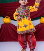 Cotton blend woven full sleeves navratri theme banjara embroidered kediya with coordinating dhoti set - yellow