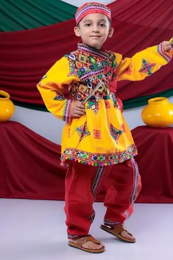 Cotton blend woven full sleeves navratri theme banjara embroidered kediya with coordinating dhoti set - yellow