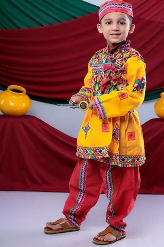 Cotton blend woven full sleeves navratri theme banjara embroidered kediya with coordinating dhoti set - yellow