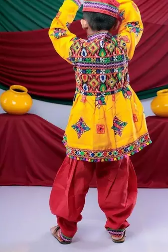 Cotton blend woven full sleeves navratri theme banjara embroidered kediya with coordinating dhoti set - yellow