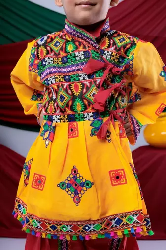 Cotton blend woven full sleeves navratri theme banjara embroidered kediya with coordinating dhoti set - yellow