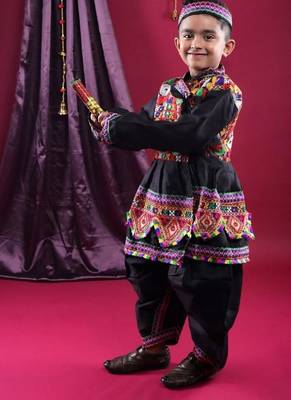 Cotton blend woven full sleeves navratri theme banjara embroidered kediya with coordinating dhoti set - black 1